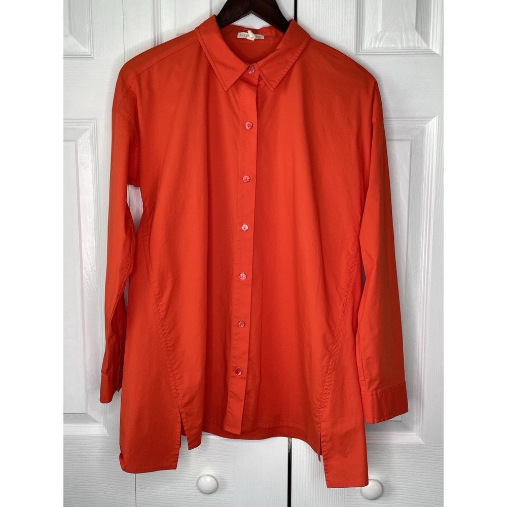 Eileen Fisher Organic Cotton Button Down Blouse Tunic Top Size XS Bright Orange‎